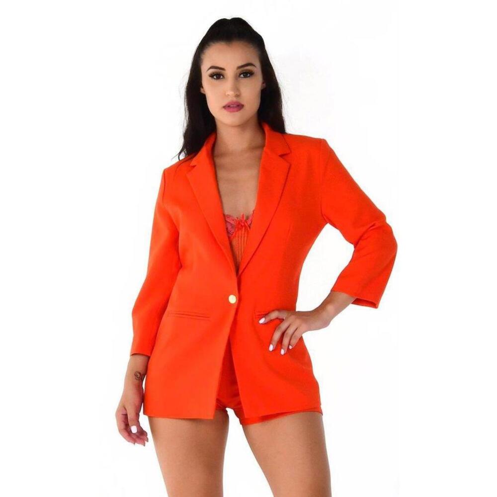 Red Orange 3/4 Sleeve Button Blazer High Waist Short Romper NWT